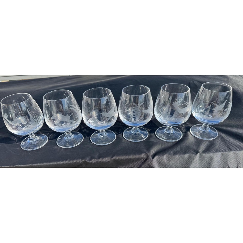 E&AB Neudenau Germany VTG Wildlife Jagdmotiv Set 6 Brandy Snifter Crystal EUC!